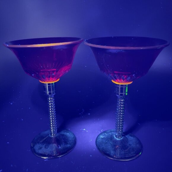 Art Deco Ruby Red Cadmium UV Glow Cocktail Glass Cups Chrome Stems Glasses Set2 - Picture 7 of 15
